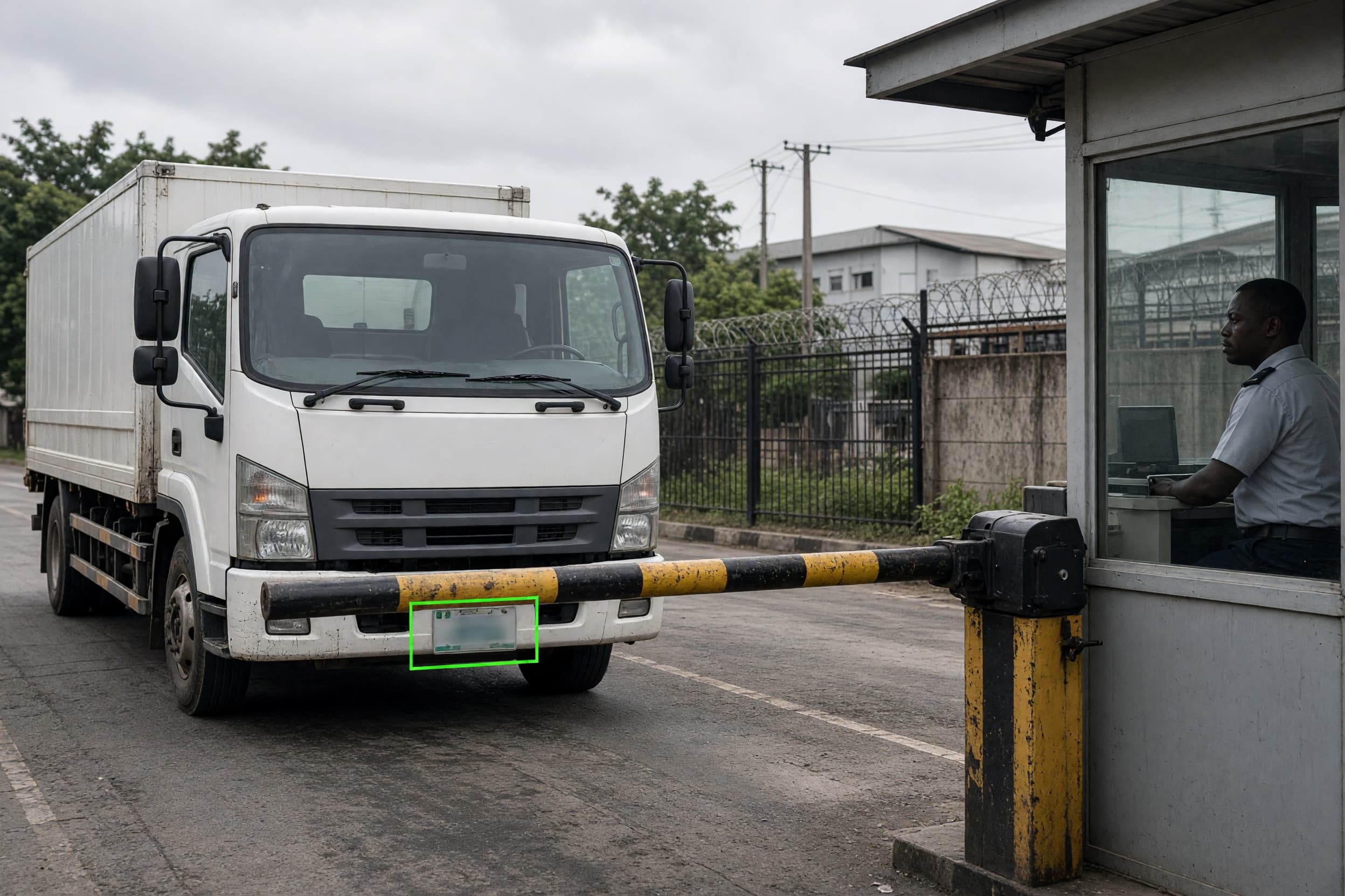 Automatic number plate recognition at a facility gate with a truck approaching