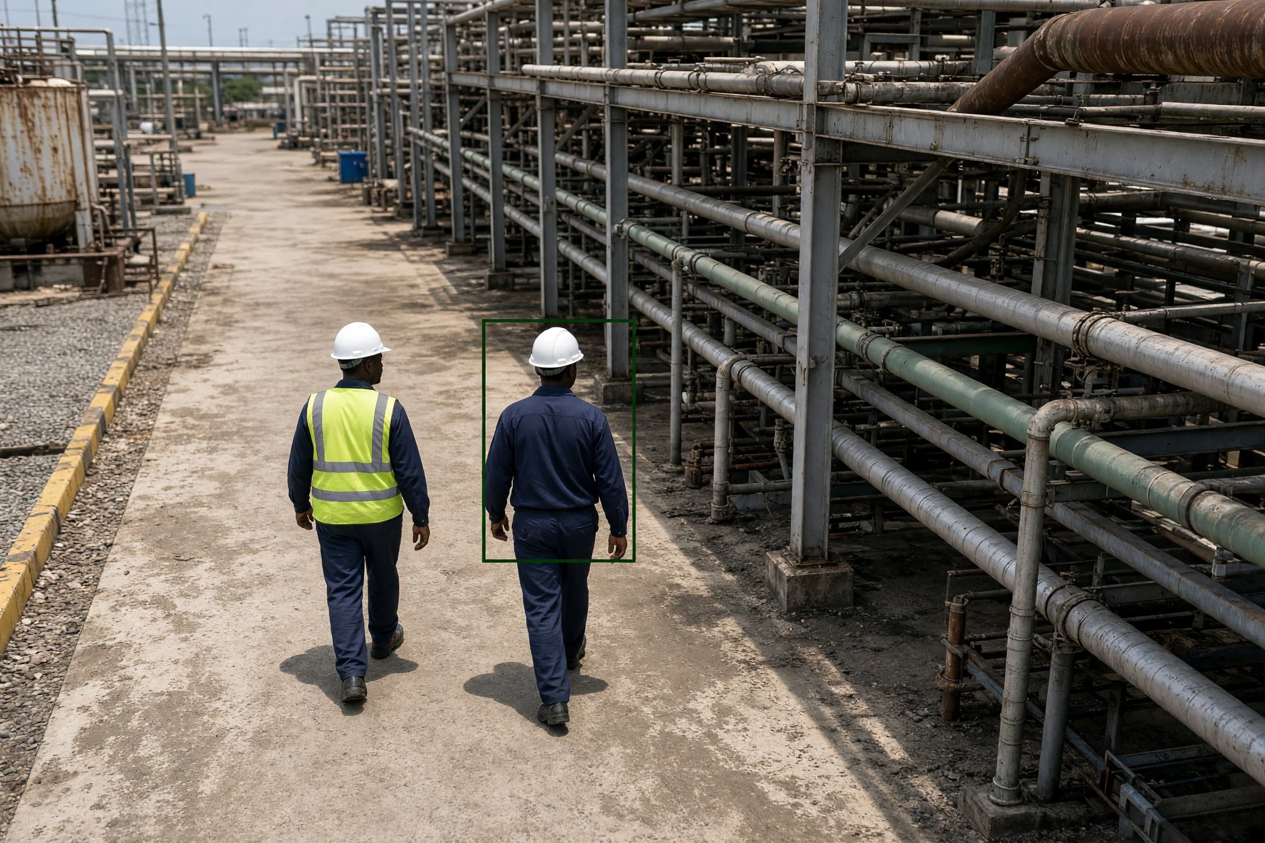 Computer vision detecting a missing hi-vis vest on a worker at an oil and gas site