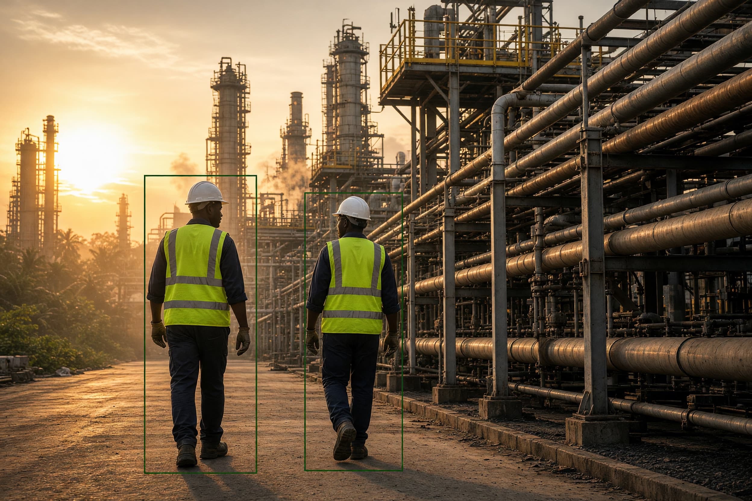 Computer vision on an oil and gas facility feed flagging PPE and zone events