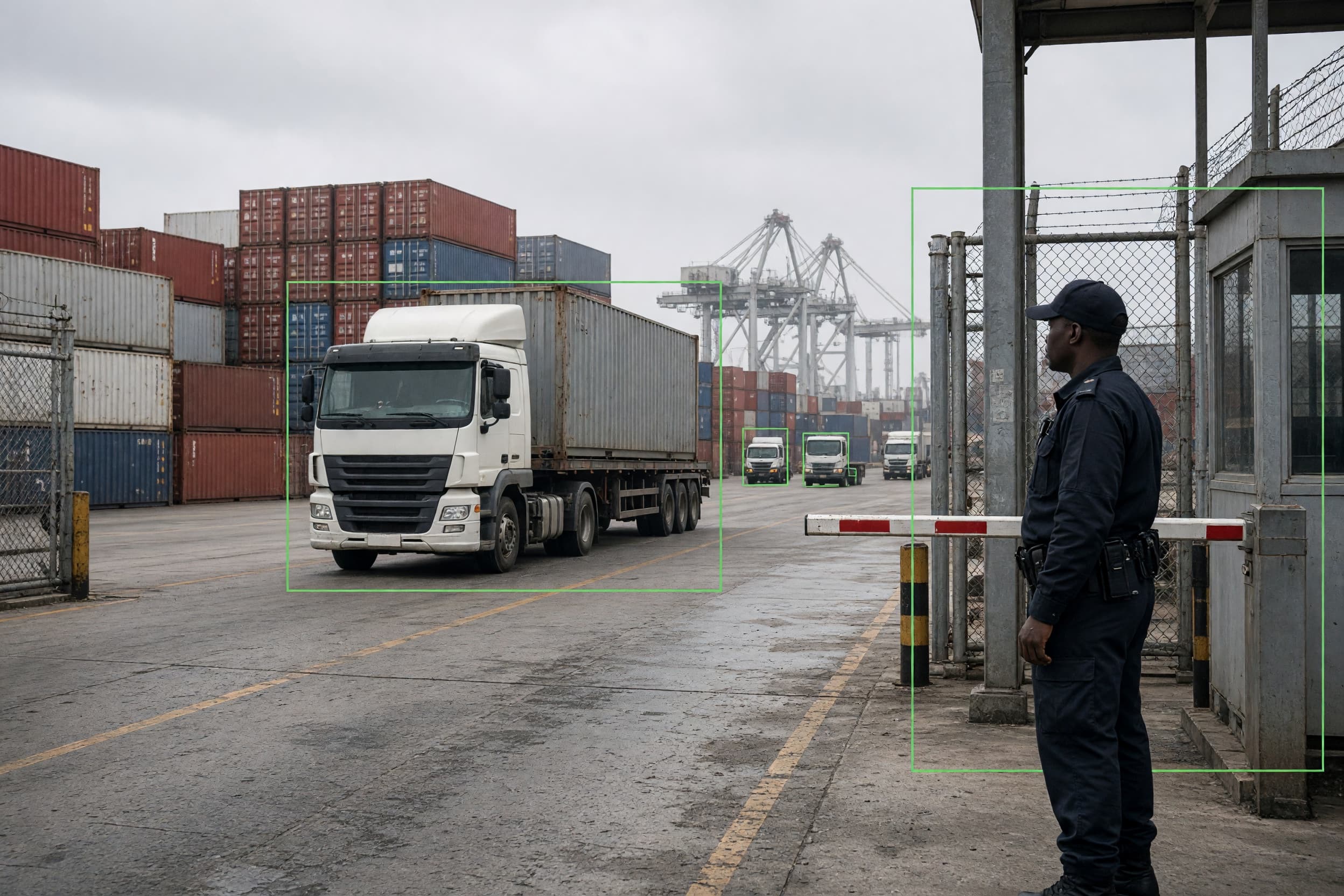 Container port yard with computer vision overlays on vehicles and perimeter zones