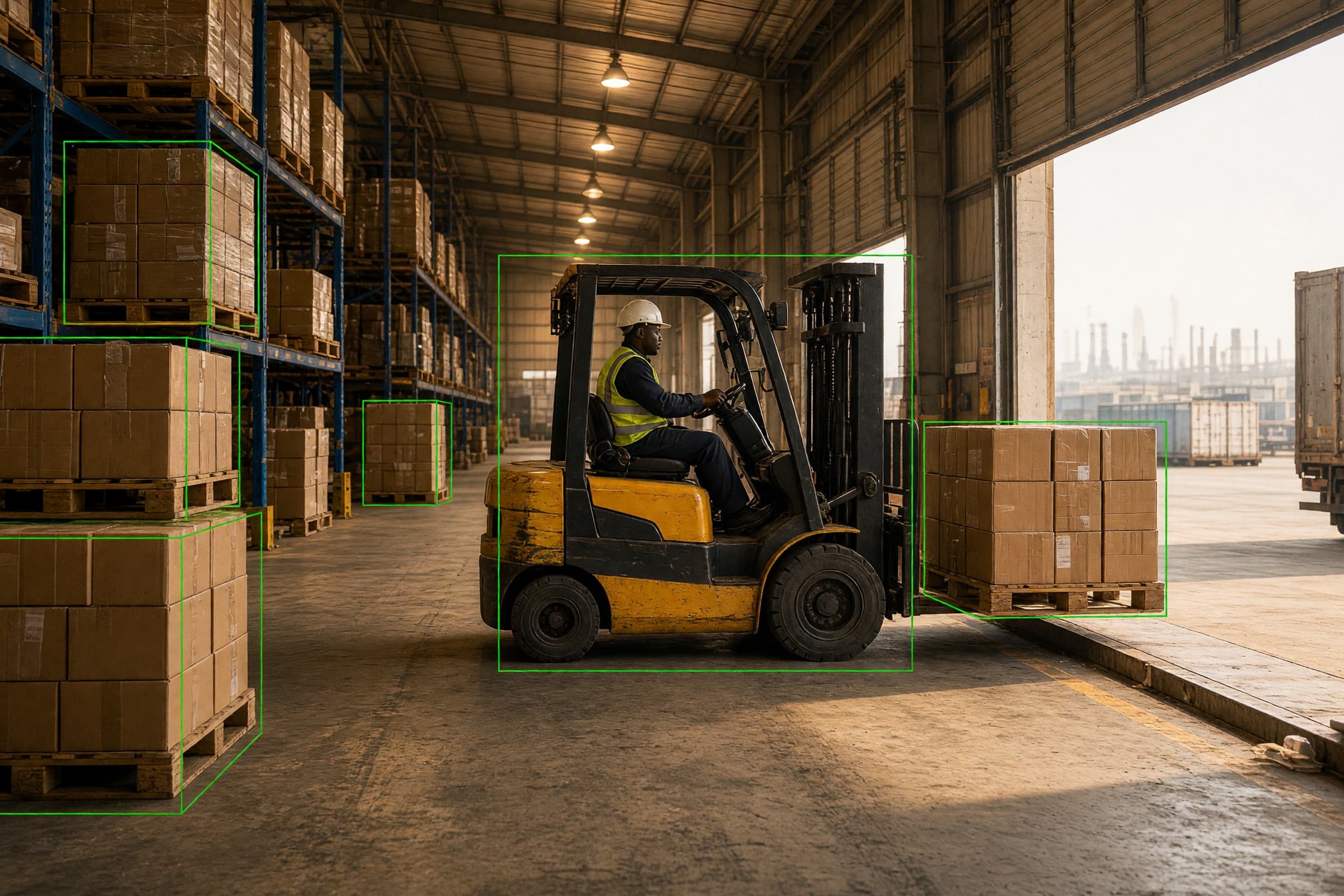 Warehouse distribution center with computer vision overlays on forklift and dock zones